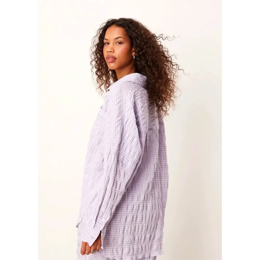 Free People Textured Pajama Shirt Mini Dress Loungewear in Lilac Medium